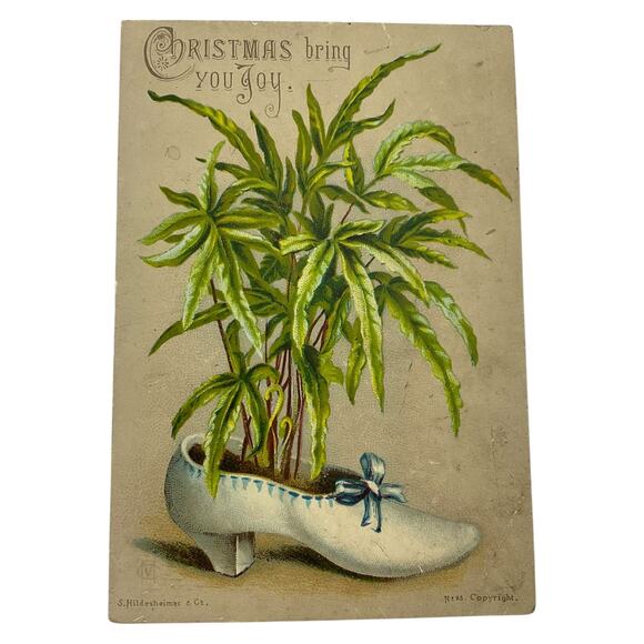 Victorian Christmas Greeting Card Shoe with Plant S Hildesheimer Co Joy Greeting - Picture 1 of 5